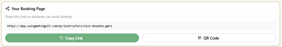 SwingMatch booking-page share card showing an instructor profile URL with Copy Link and QR Code buttons