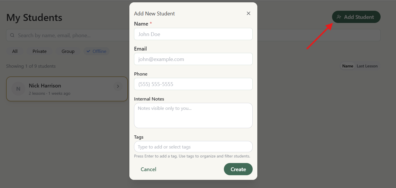 SwingMatch Add New Student dialog with name, email, phone, internal notes and tags fields, and the Add Student button highlighted