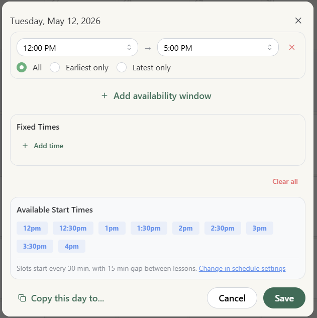 SwingMatch daily availability editor showing a 12 PM to 5 PM window and the auto-generated 30-minute start times for the day
