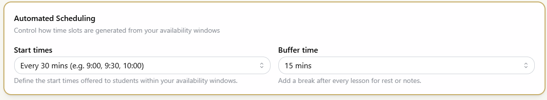 SwingMatch Automated Scheduling panel with Start times set to Every 30 mins and Buffer time set to 15 mins