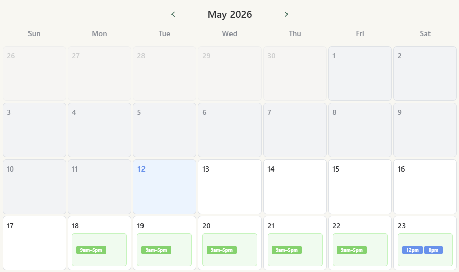 SwingMatch monthly calendar for May 2026 showing date-specific availability — weekdays May 18-22 set to 9am-5pm, plus 12pm and 1pm start times on Saturday May 23