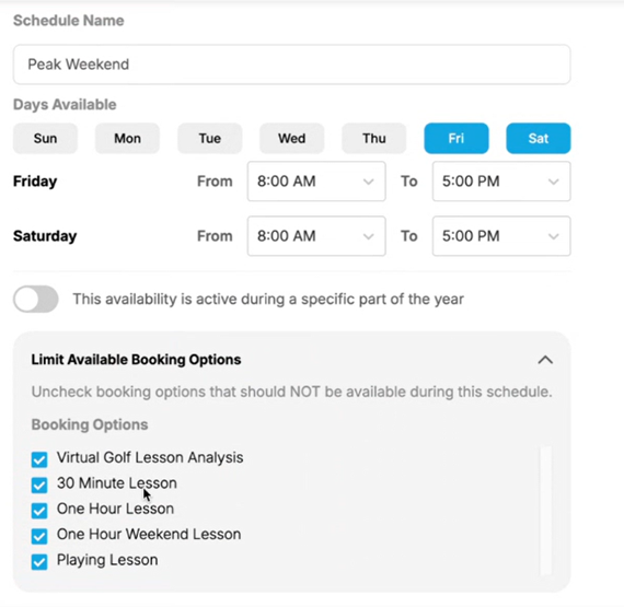 CoachNow availability settings - rolling weekly schedule with time slots